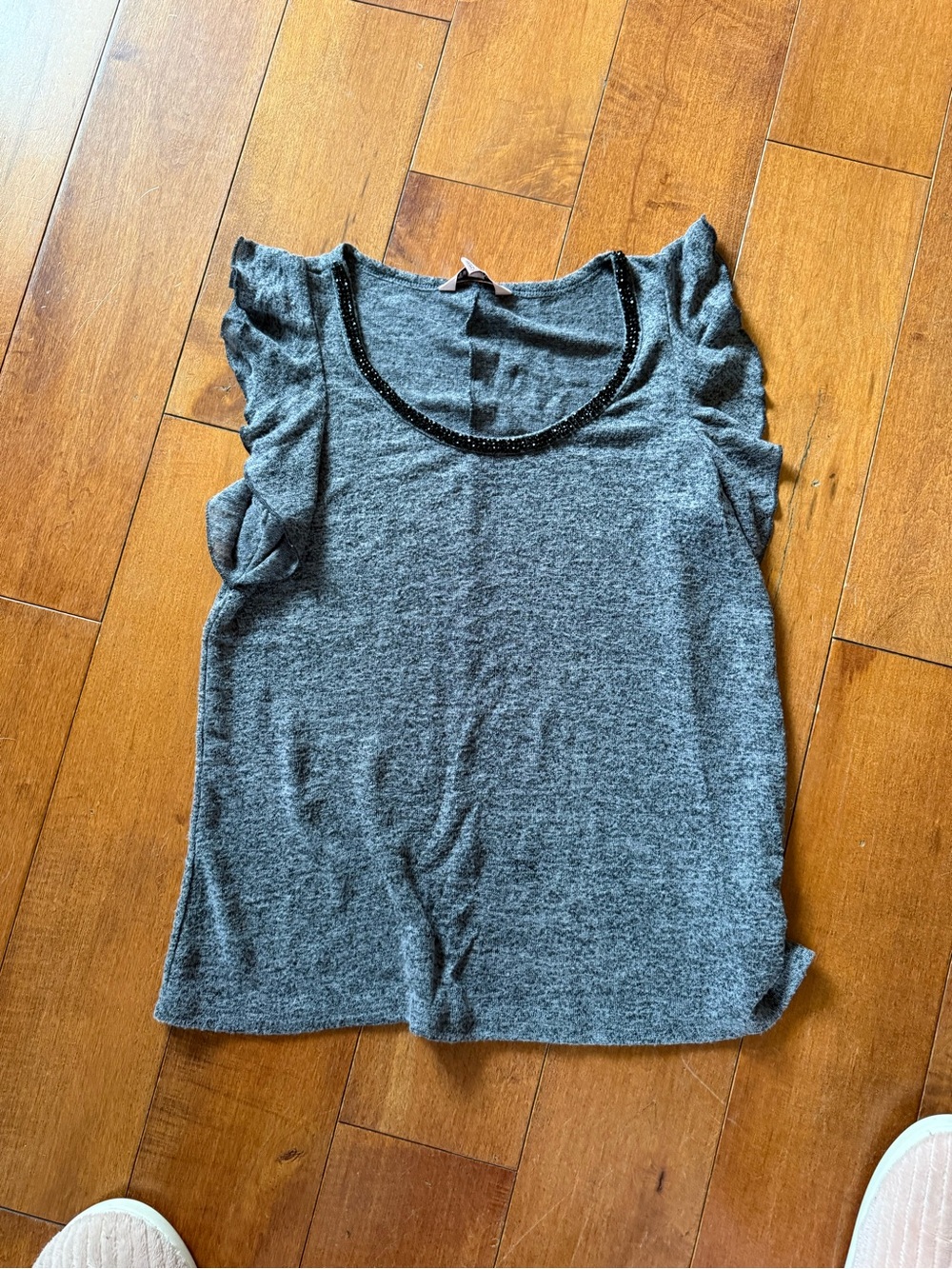 Juicy Couture Heather Gray Ruffle Cap Sleeve Tee with Beaded Neckline XS